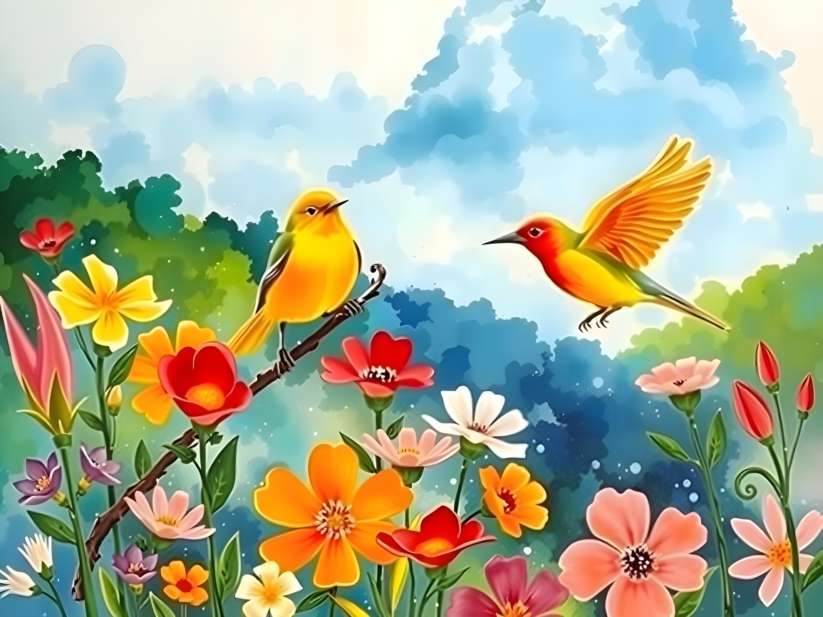 Colorful Birds Among Blooming Flowers in Nature Scene