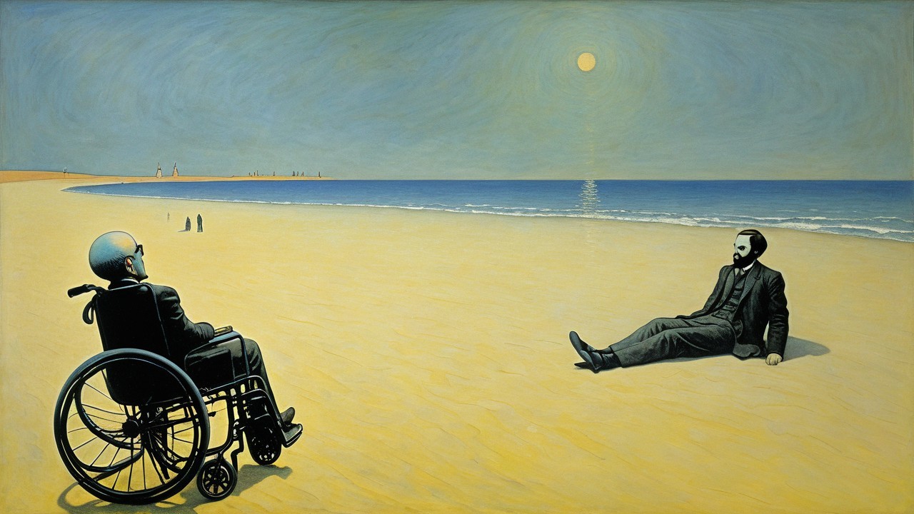 Surreal Beach Scene with Figures and Tranquil Ocean