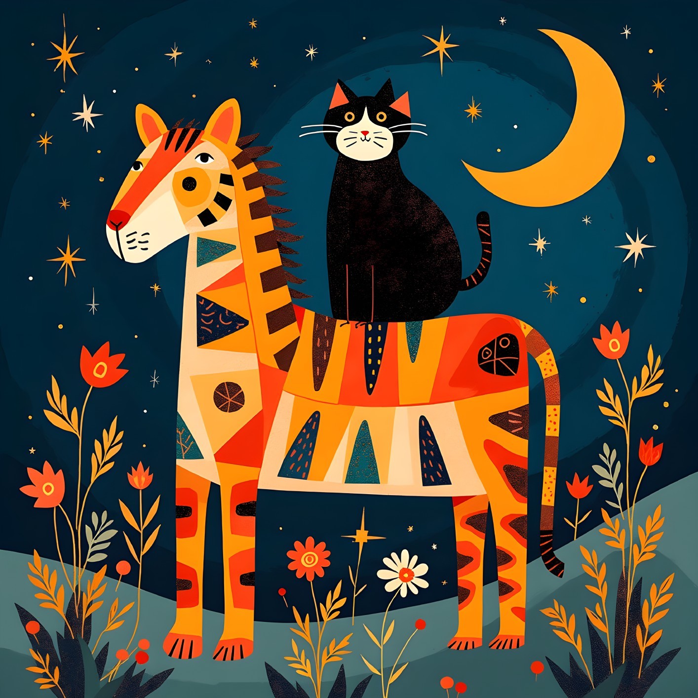 Whimsical Zebra and Cat Under a Starry Night Sky