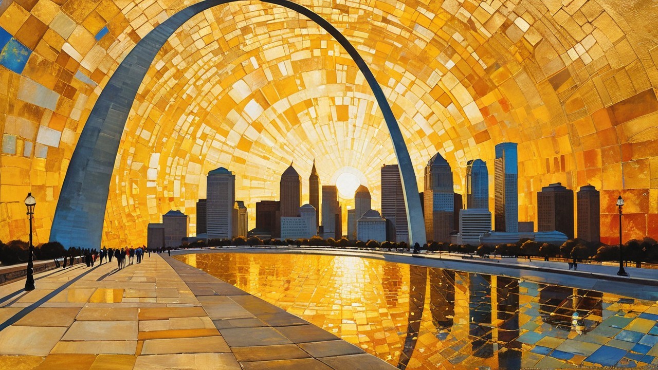 Vibrant city skyline with golden sunlit arch