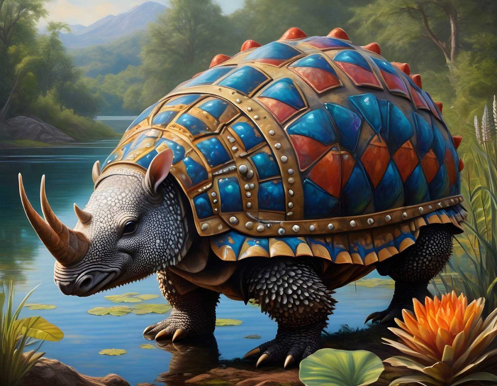 Giant Tortoise with Jewel-Like Shell by a Serene Lake