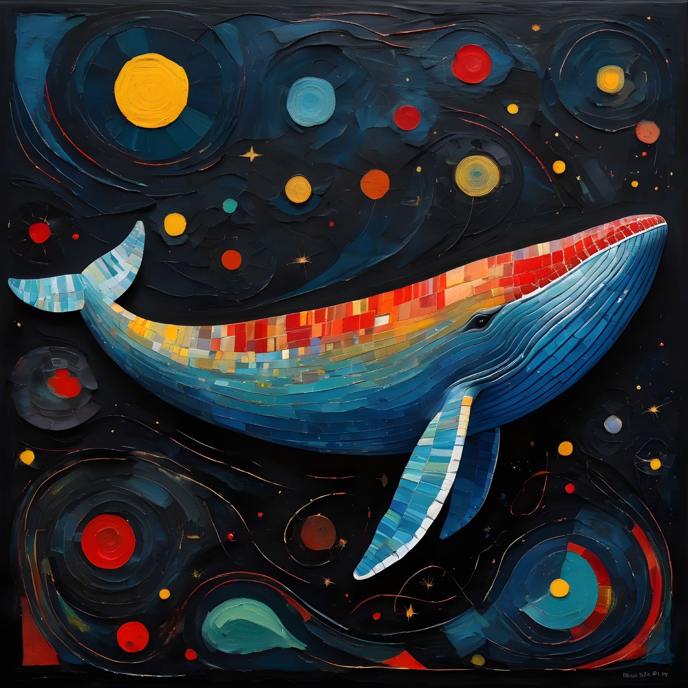 Vibrant Whale in Cosmic Scene with Abstract Colors