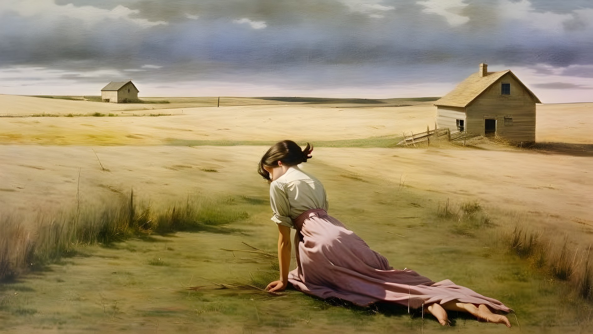 Solitary Figure in Vast Rural Landscape with Clouds