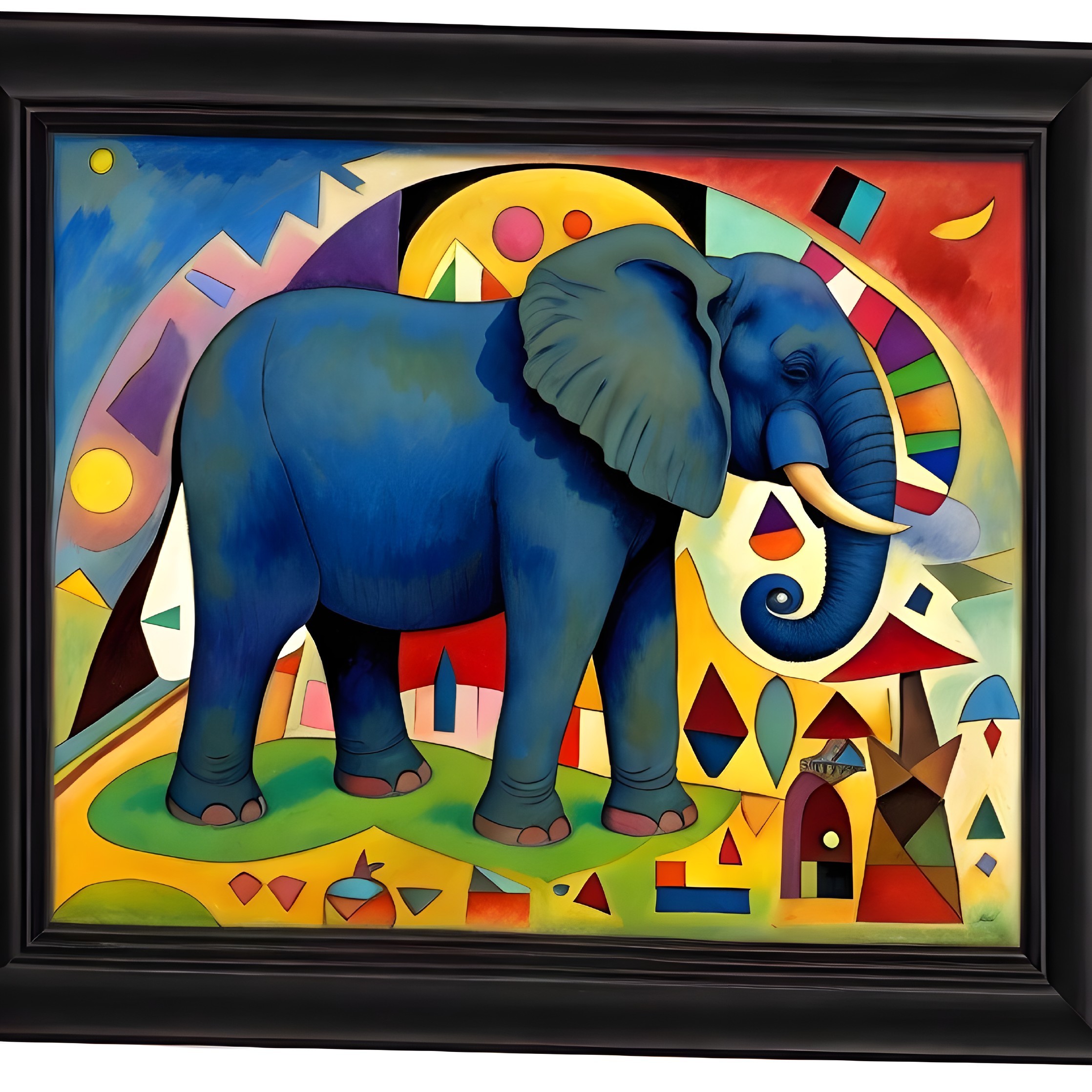 Colorful Abstract Painting of Blue Elephant with Shapes