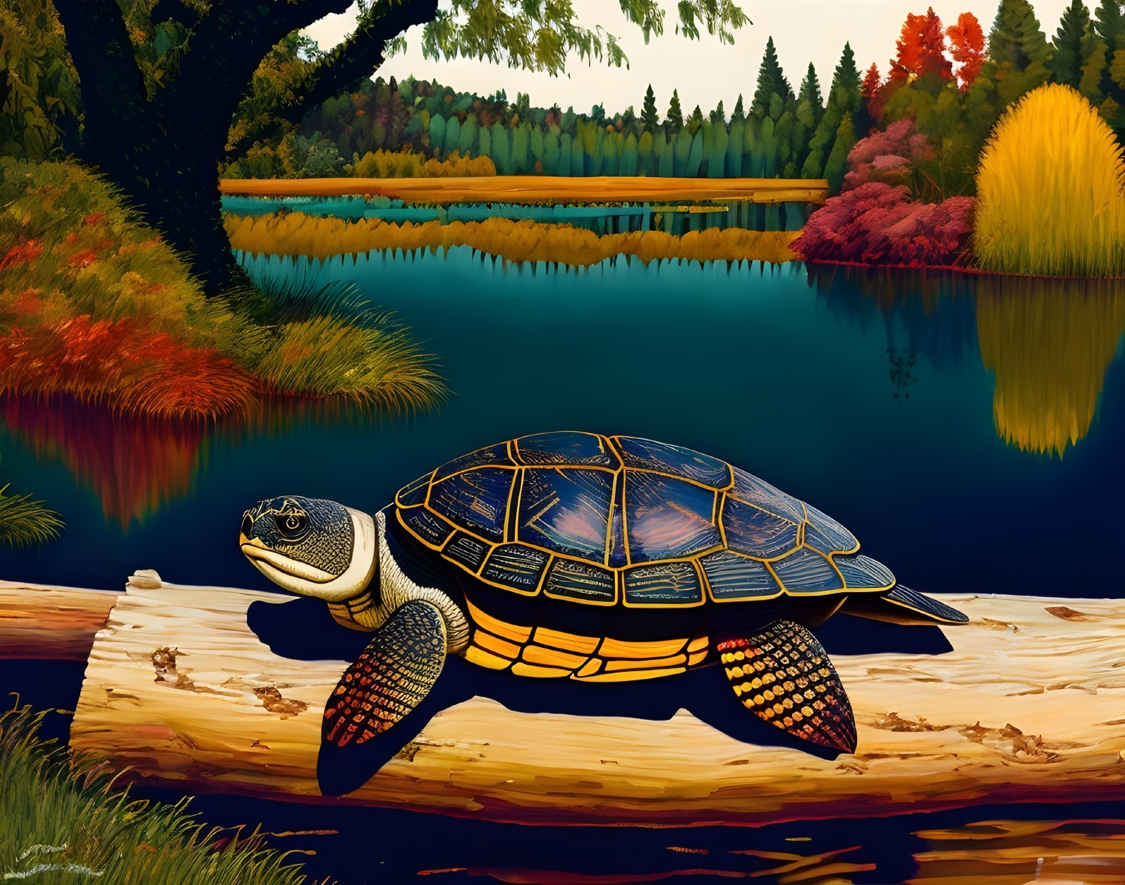 Turtle on Log Surrounded by Autumn Foliage and Water