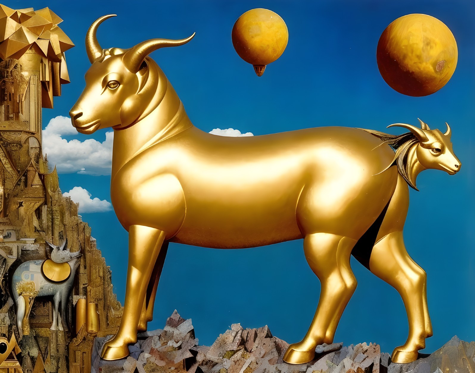 Surreal Golden Bull Against Vibrant Blue Sky