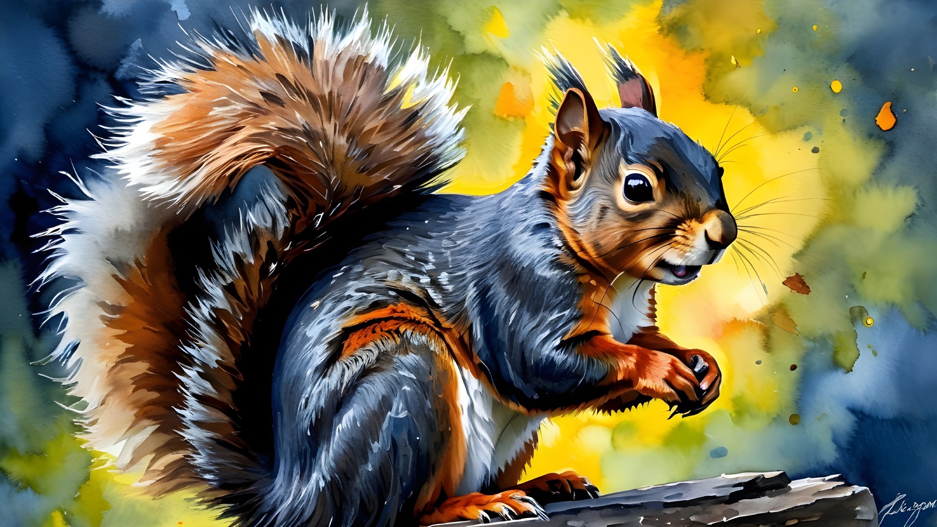 Vibrant Watercolor of a Squirrel on a Branch
