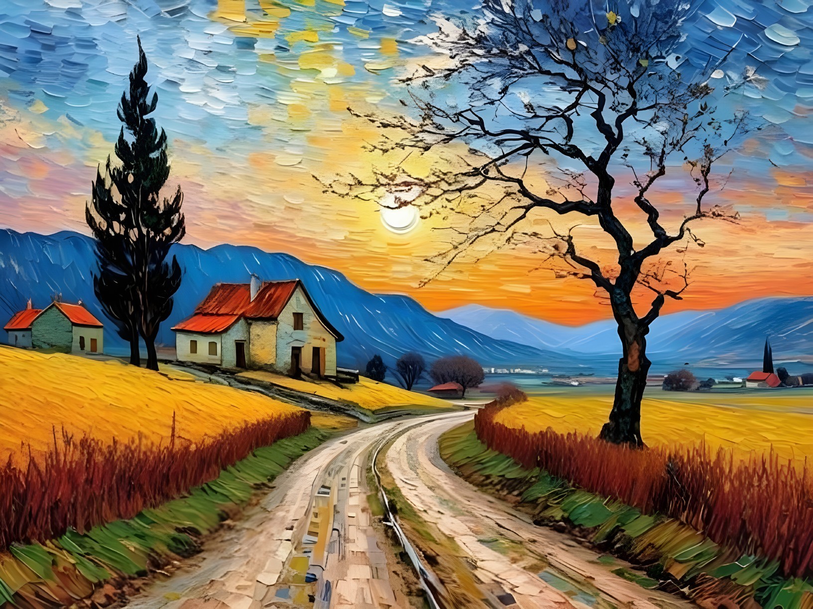 Winding Dirt Road Through Vibrant Sunset Landscape