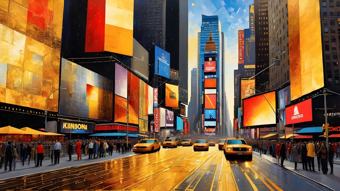 Vibrant Times Square Urban Scene with Colorful Billboards