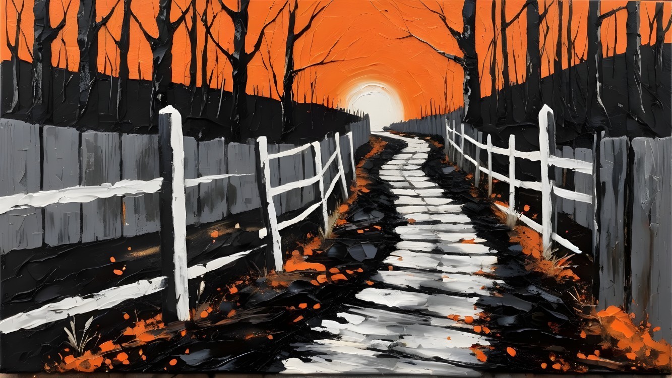 Pathway with White Fences and Vibrant Sunset Sky