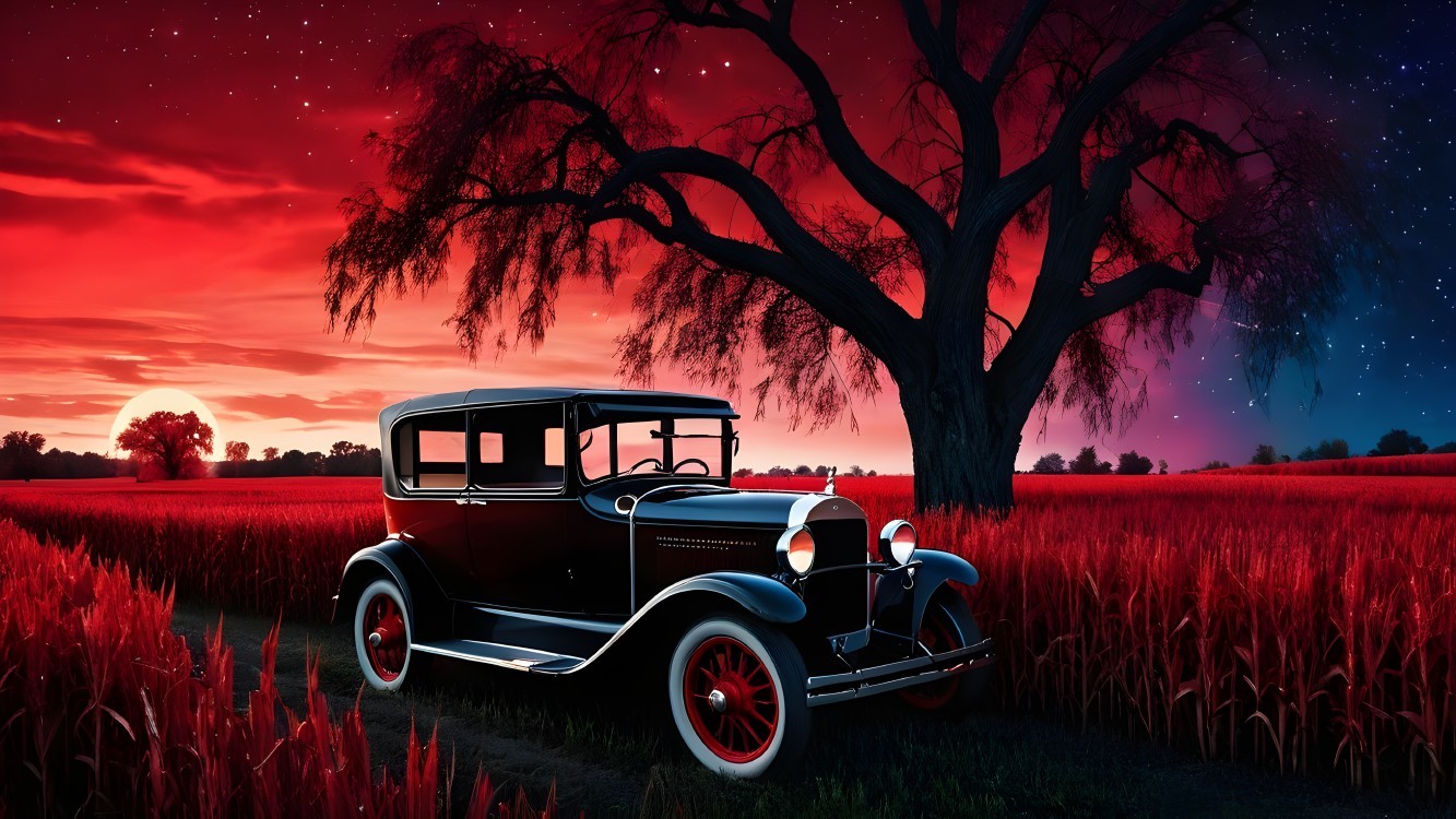 1920s Black Car in Red Field at Sunset
