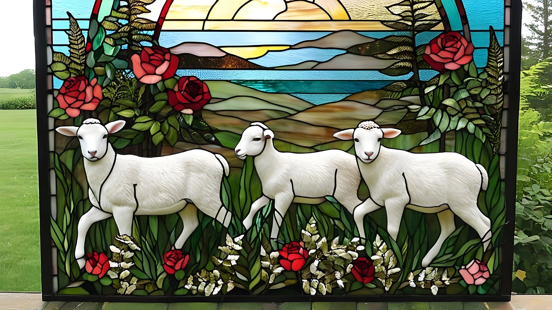 Vibrant Stained Glass Panel of Lambs in Nature