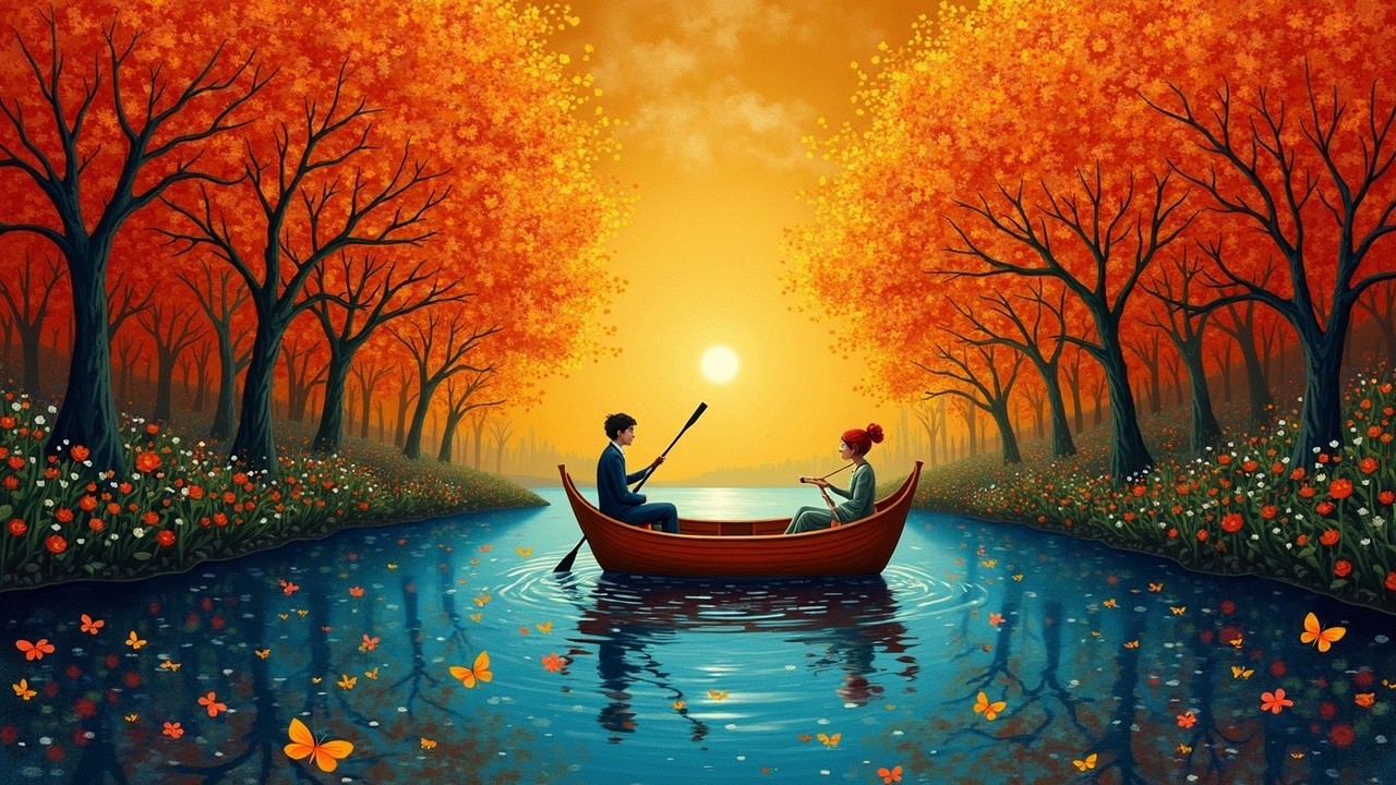 Autumn Scene with Couple in Boat on Tranquil River