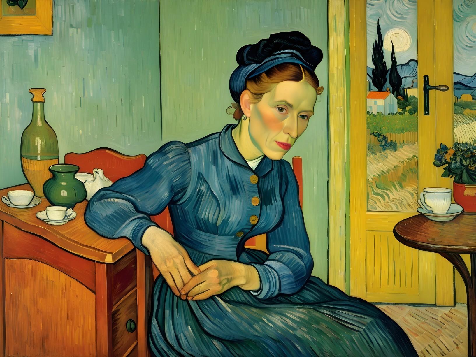 Woman in Blue Dress at Table with Green Vase