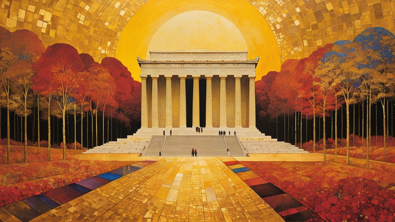 Classical temple at sunset with autumn foliage and mosaic