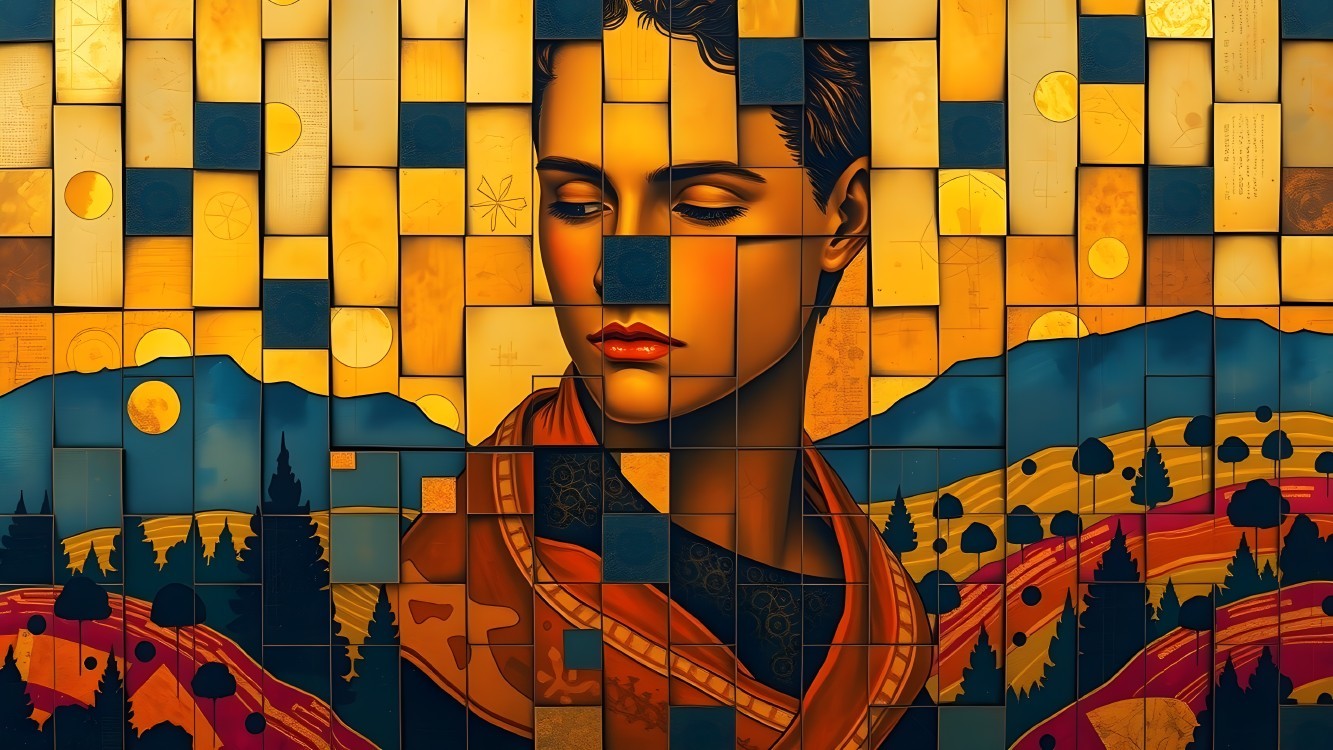 Mosaic Portrait with Golden Hues and Abstract Landscapes