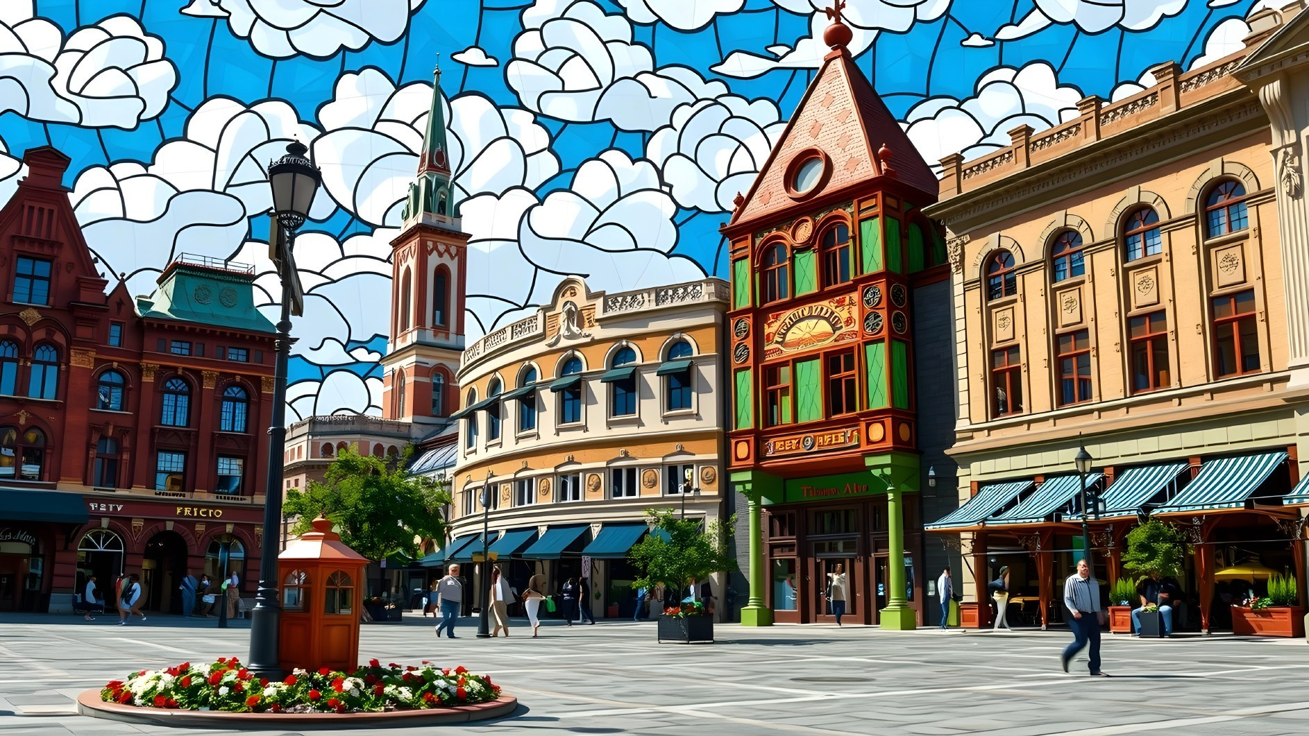 Vibrant Town Square with Colorful Buildings and Flowers