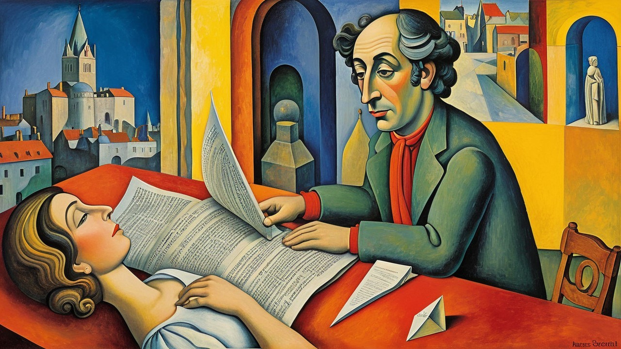 Cubist Scene of Formal Presentation in Colorful Town