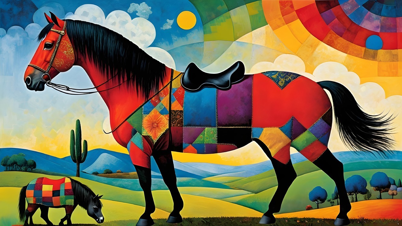Colorful Artwork of Majestic Horses in Scenic Landscape