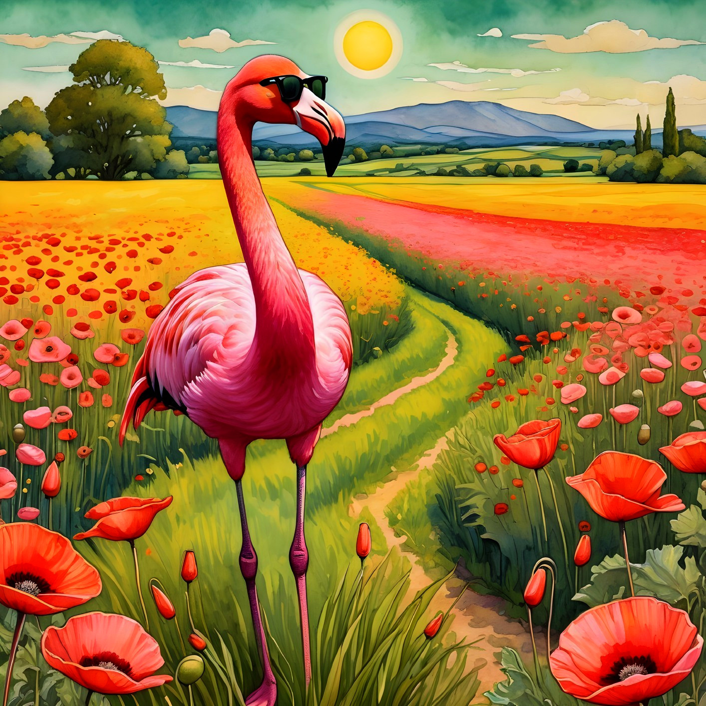 Flamingo in Sunglasses Among Red Poppies Landscape