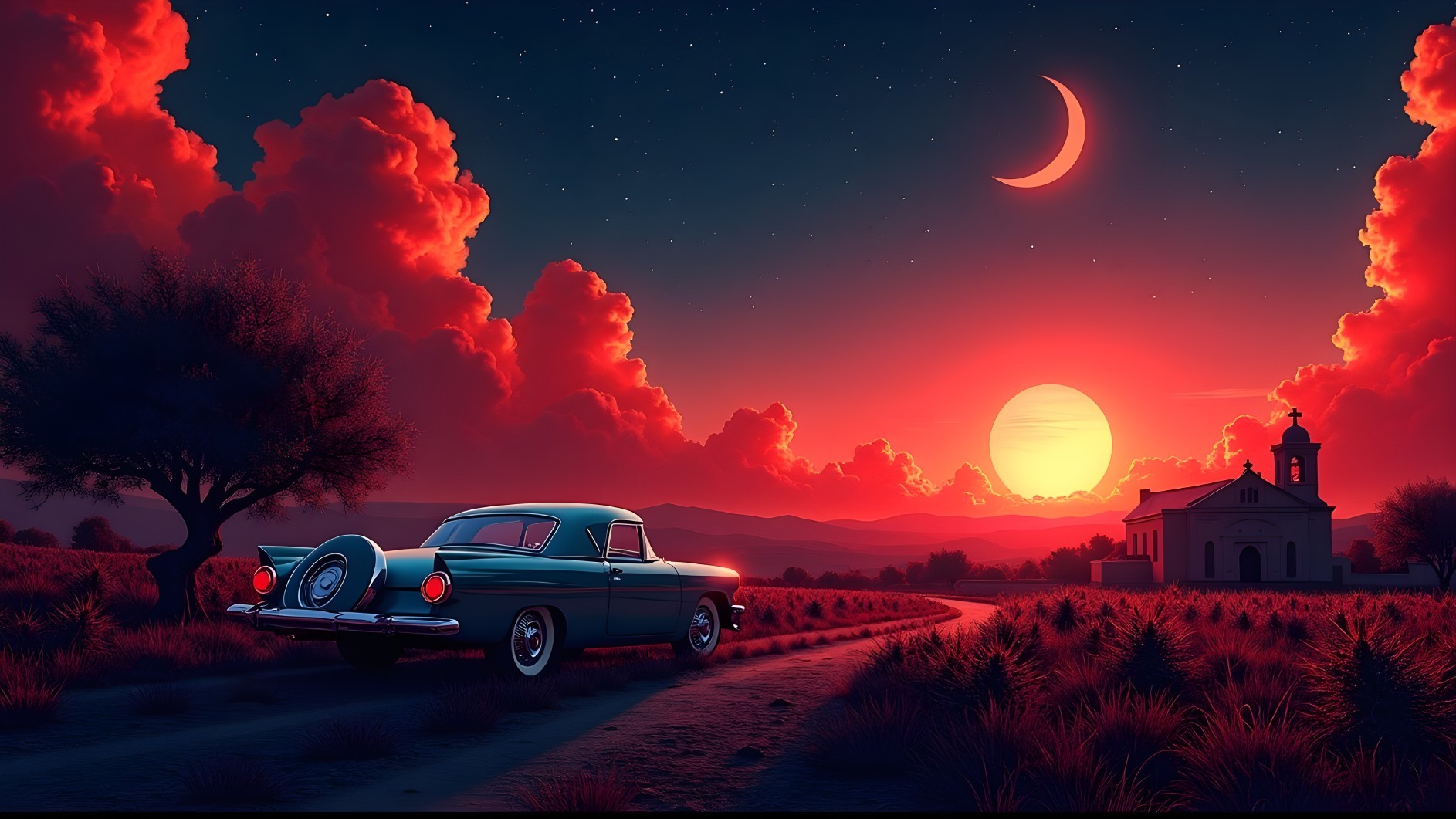 Vintage Car on Winding Road at Sunset with Church Silhouette
