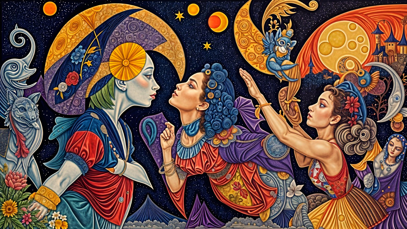 Surreal Scene with Three Distinctive Female Figures