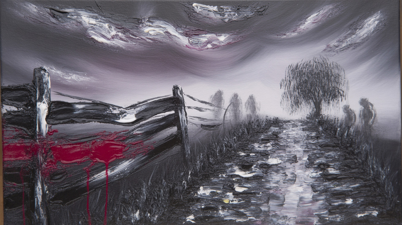 Monochrome Landscape with Red Accents and Figures