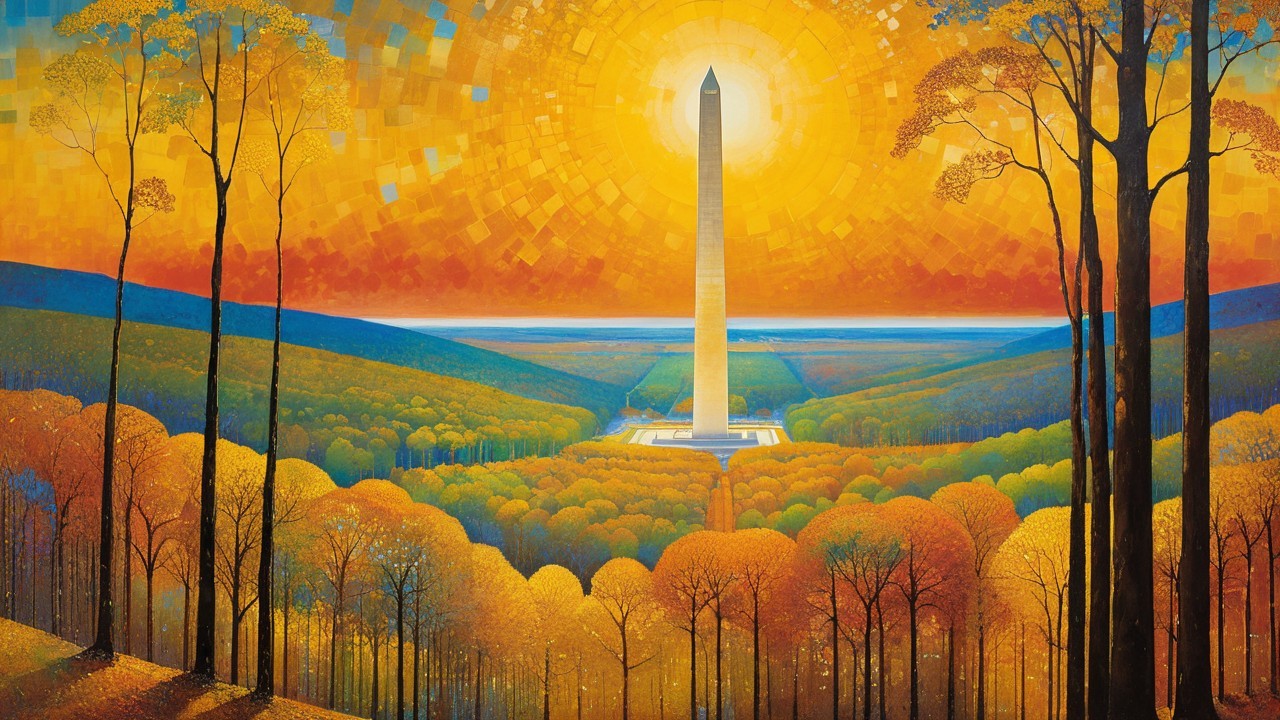 Vibrant Autumn Landscape with Tall Obelisk and Sunlight