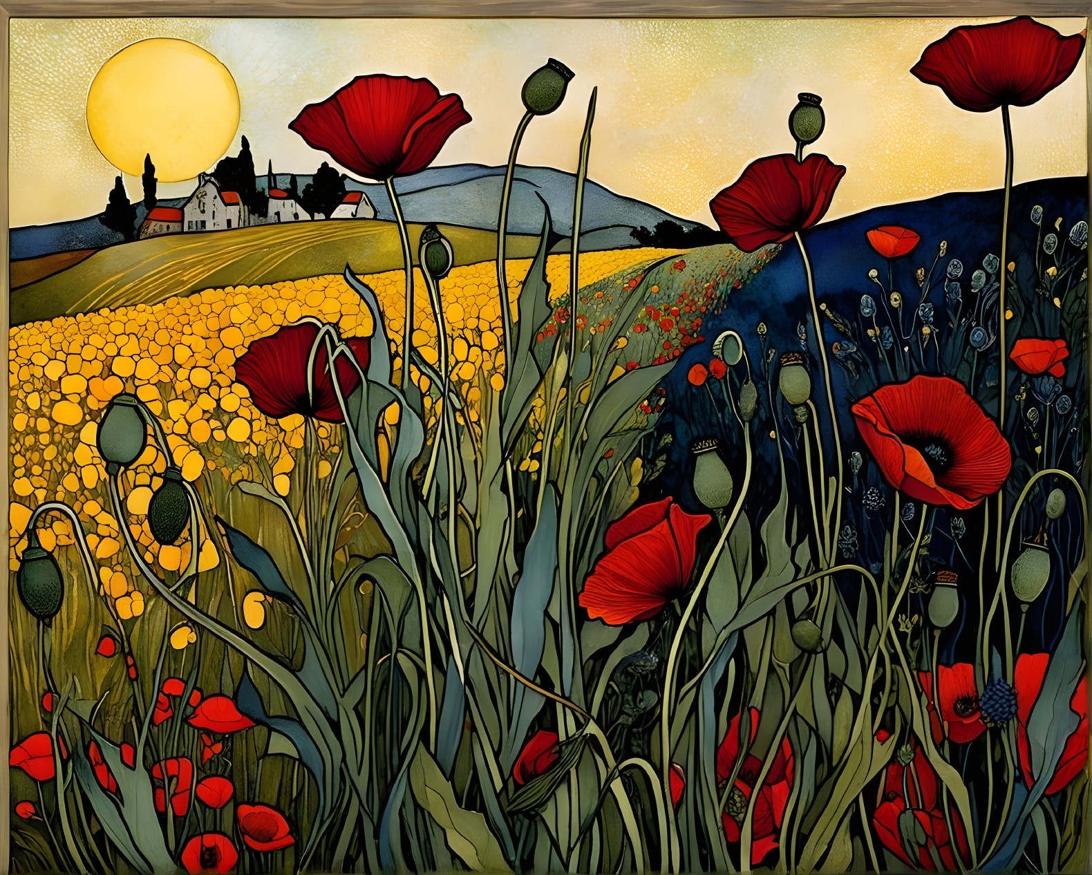 Vibrant Landscape with Red Poppies and Rolling Hills