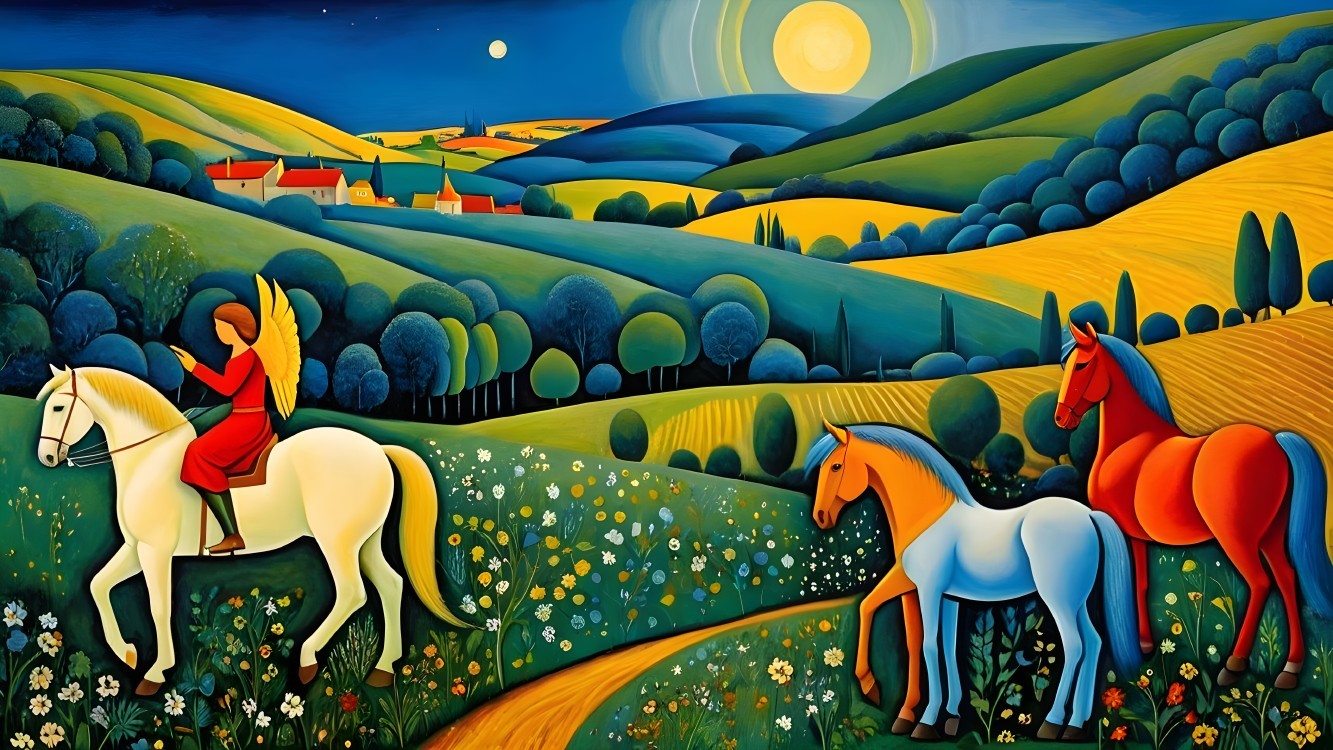 Whimsical Landscape with Horses Under Starry Sky