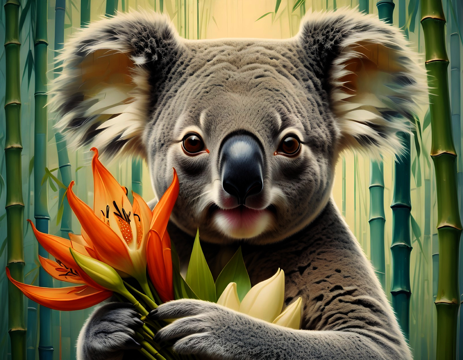Koala Surrounded by Bamboo and Colorful Flowers