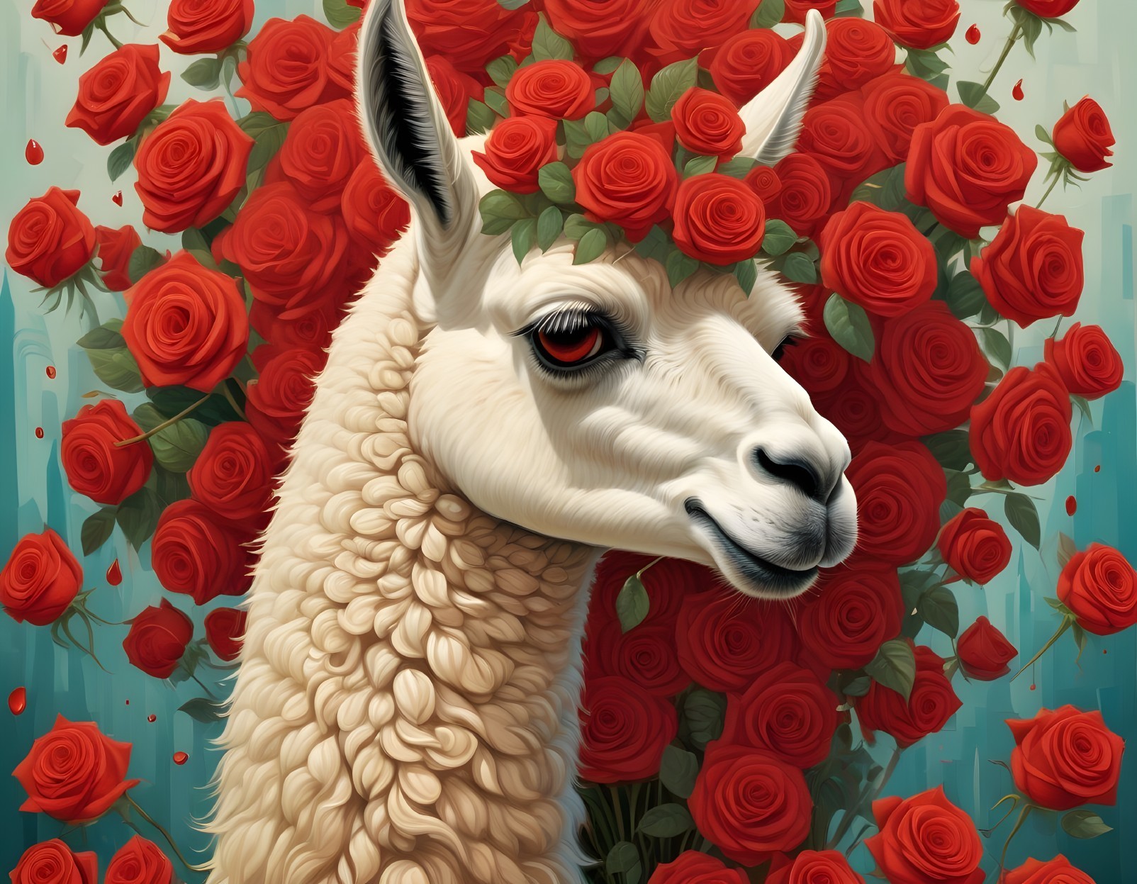 Llama with White Coat Surrounded by Red Roses