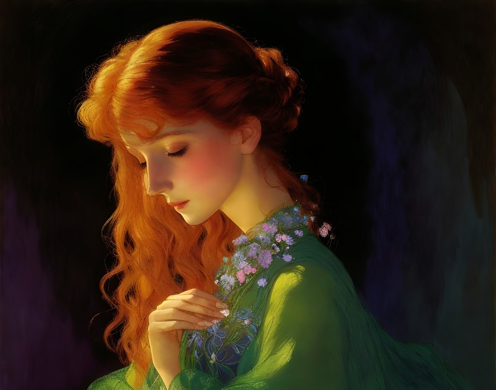 Young Woman with Red Hair in Floral Green Garment