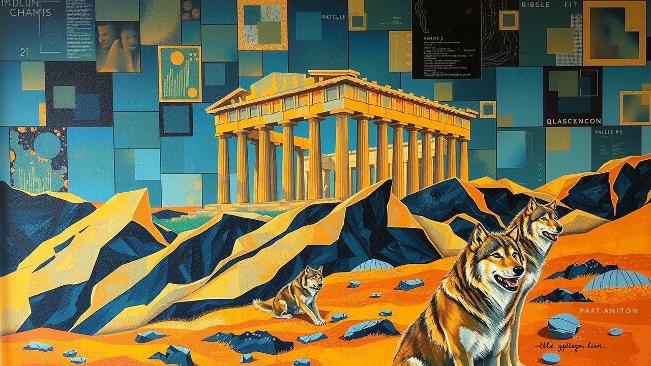Stylized Parthenon with Wolves and Geometric Patterns