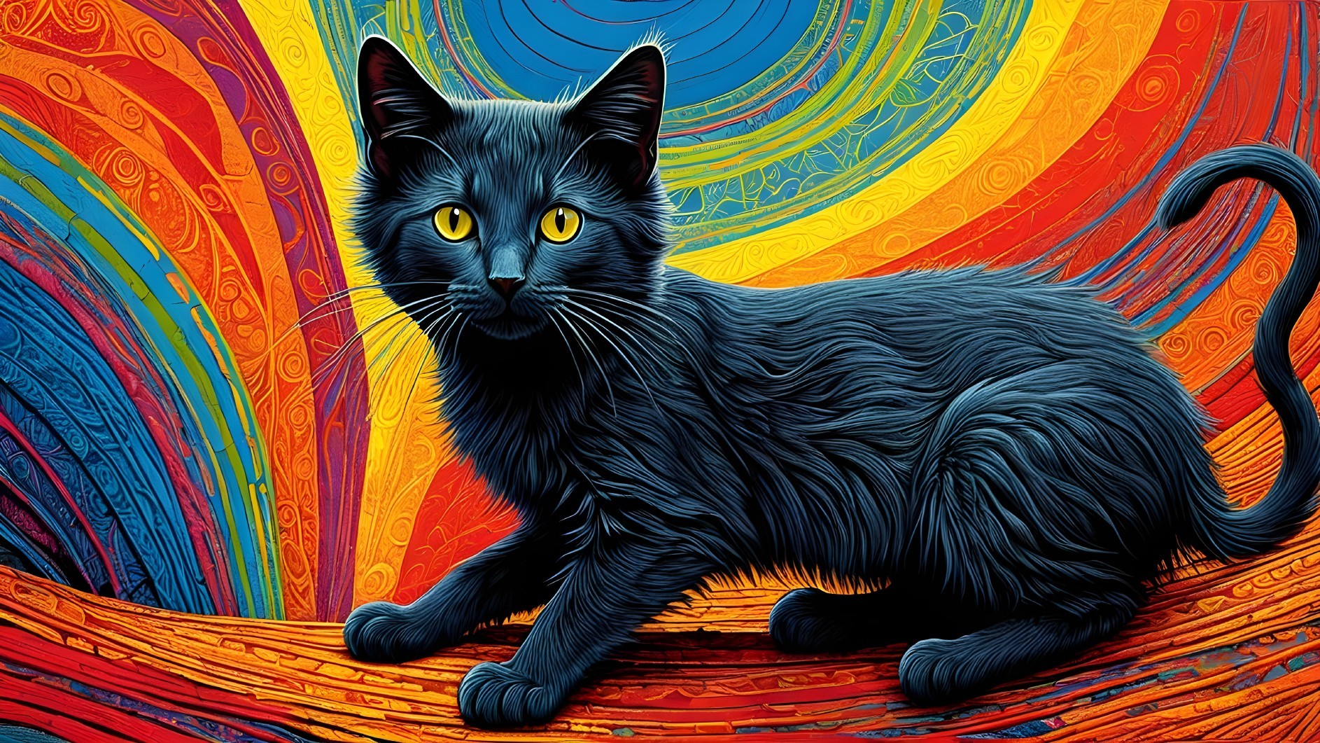 Black Cat with Yellow Eyes on Colorful Abstract Background