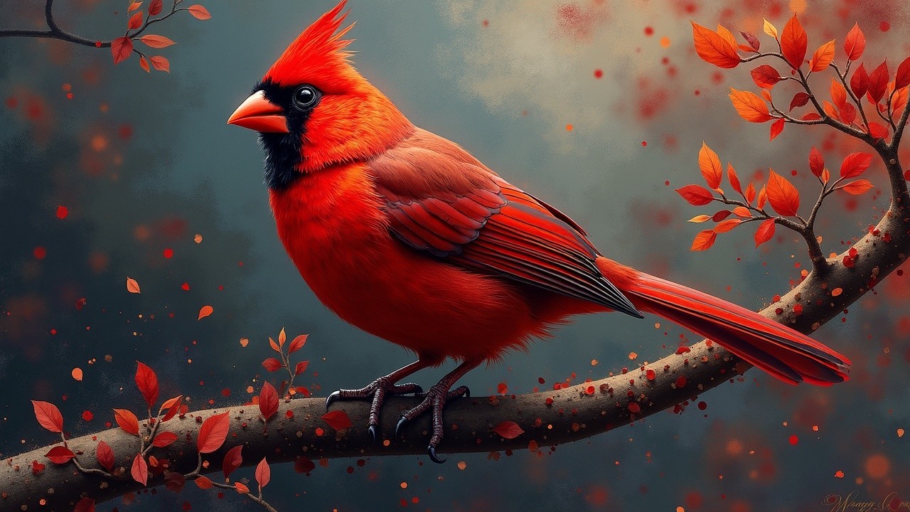 Cardinal on Branch Amidst Autumn Leaves