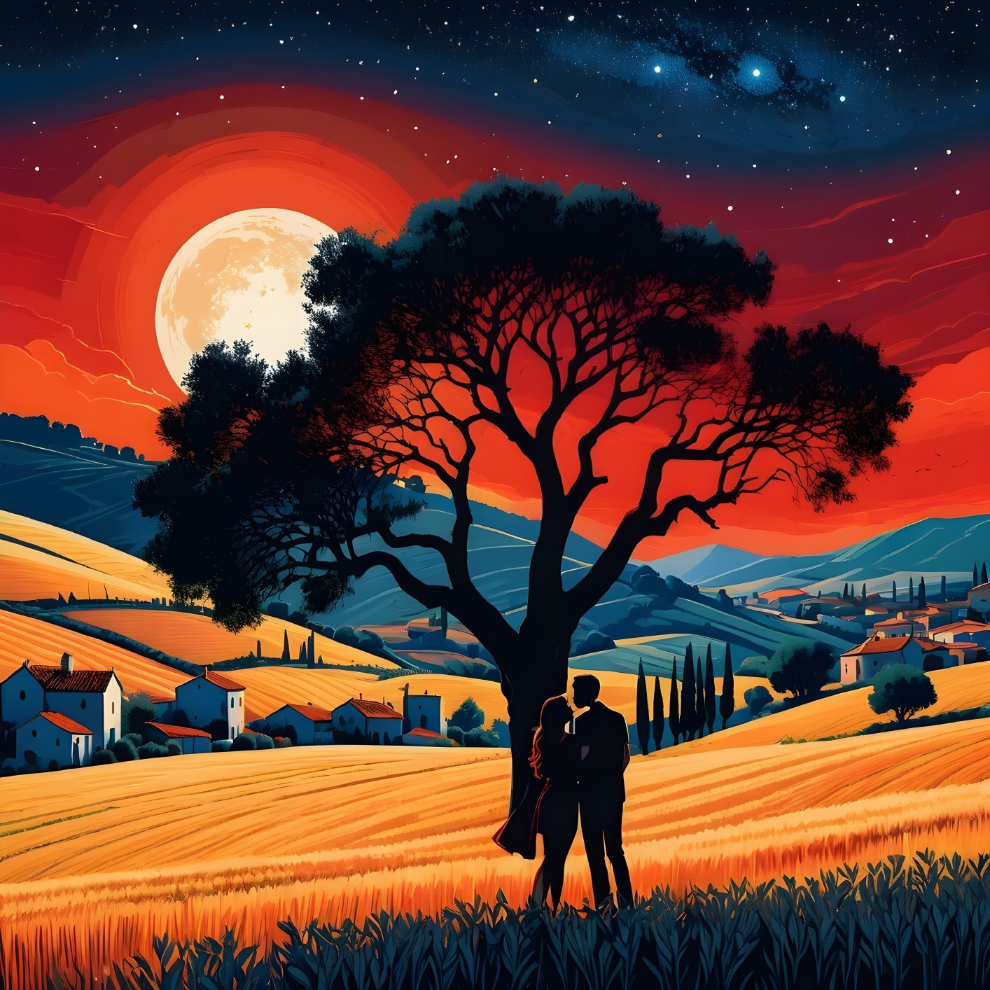Silhouette of Couple Under Tree at Sunset