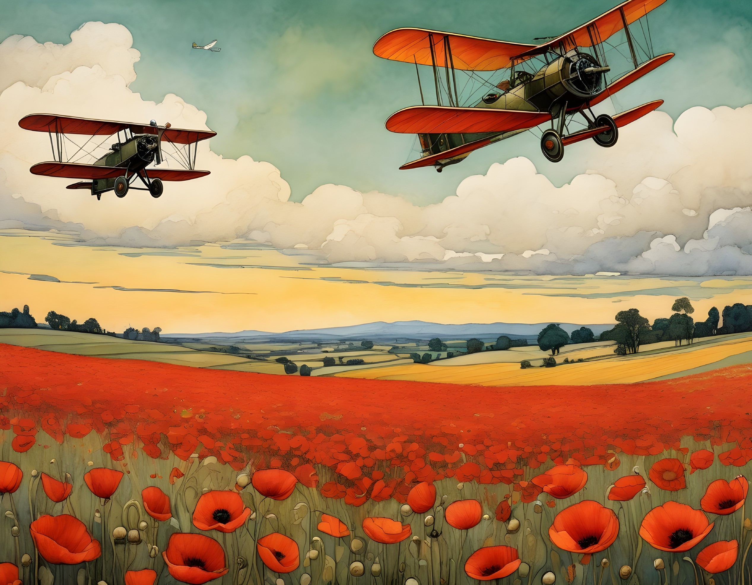 Vintage biplanes over a pastoral landscape with poppies