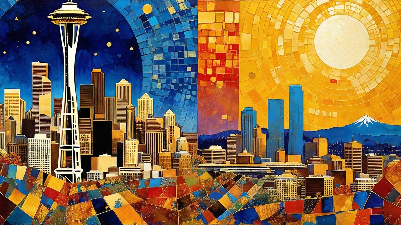 Vibrant Artwork of Day and Night Scenes Split in Half