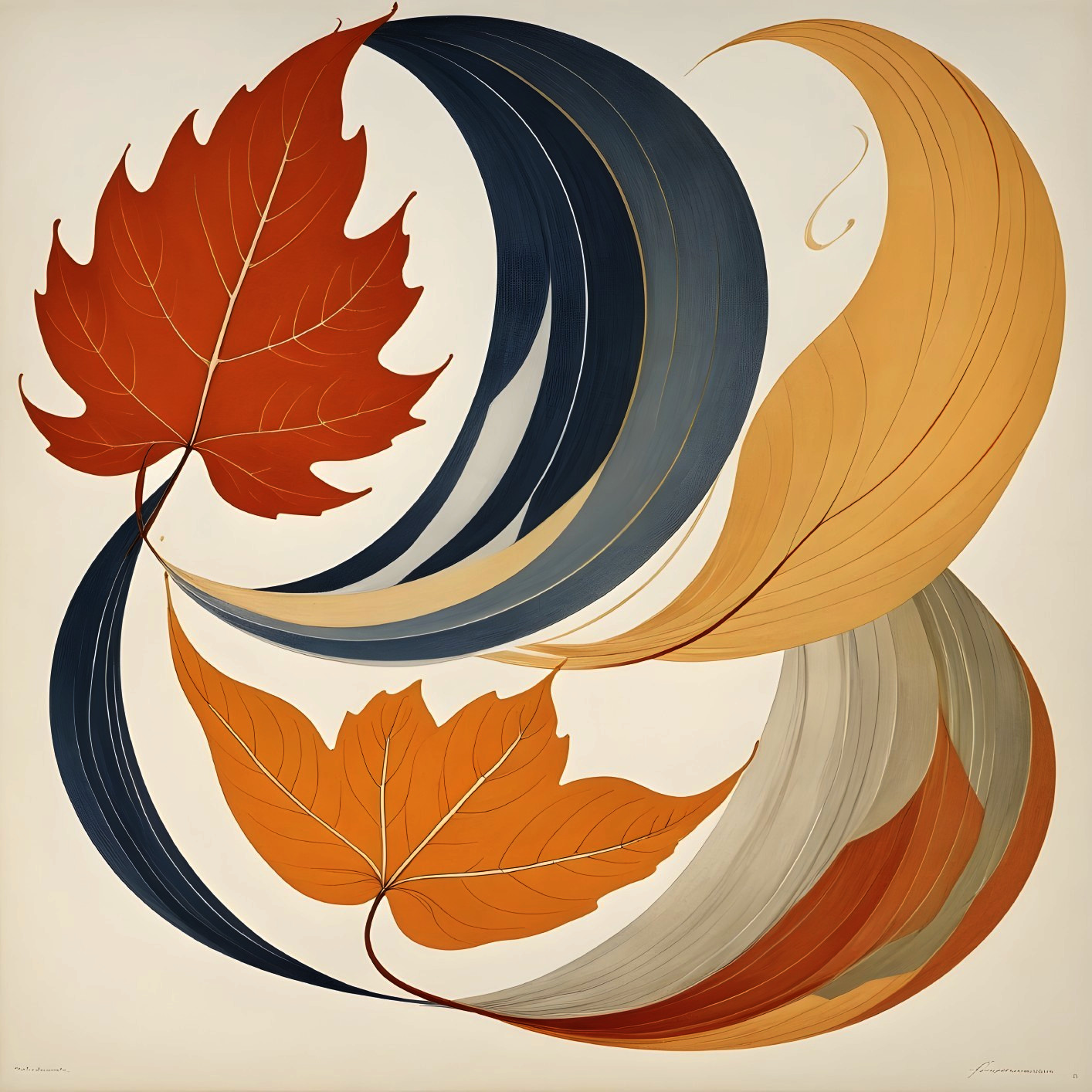 Stylized Autumn Leaves in Warm Colors and Abstract Design