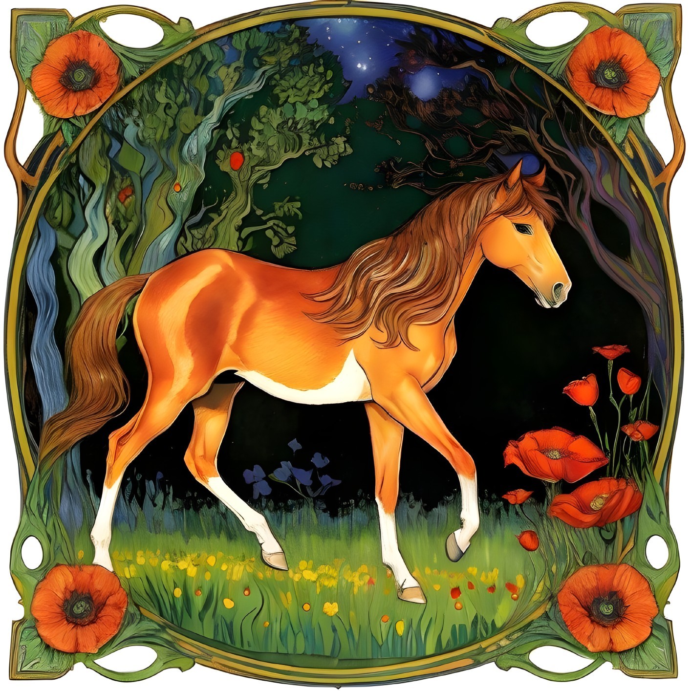 Chestnut Horse in Meadow with Night Sky and Poppies