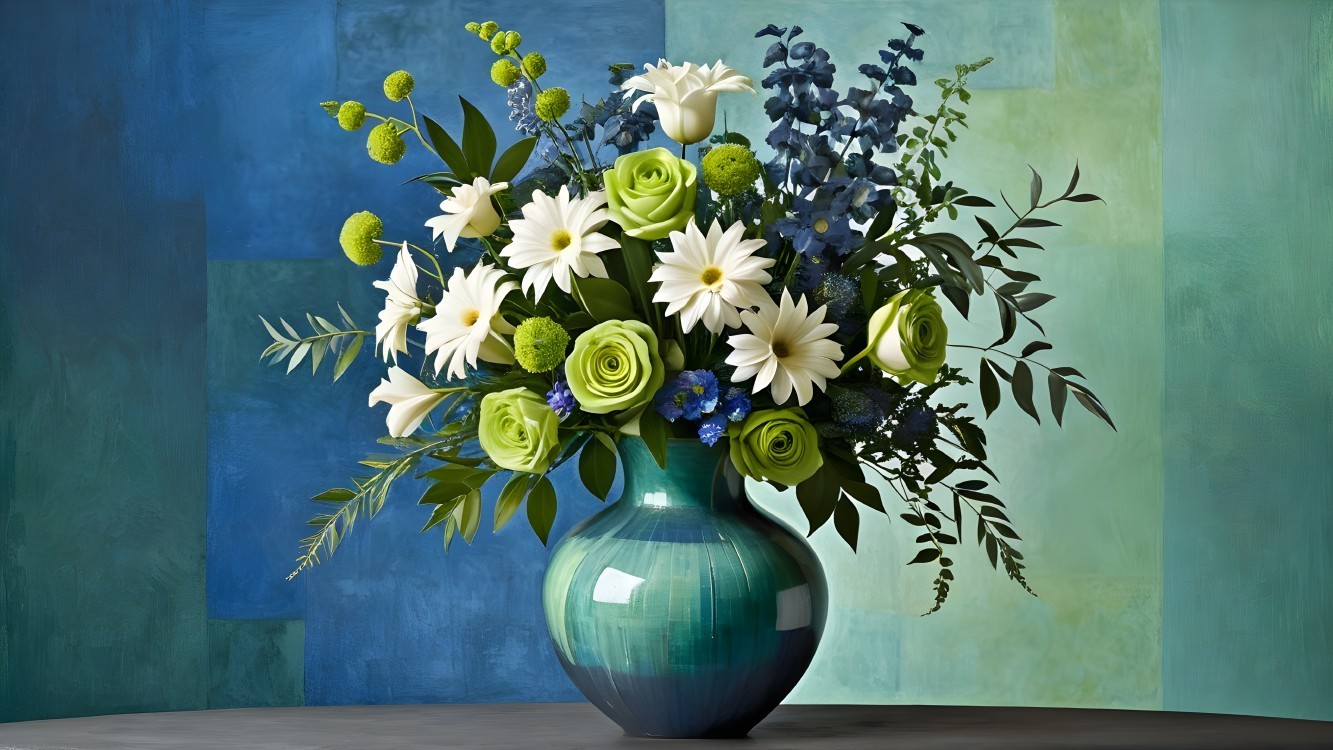 Vibrant Flower Arrangement in Blue-Green Vase