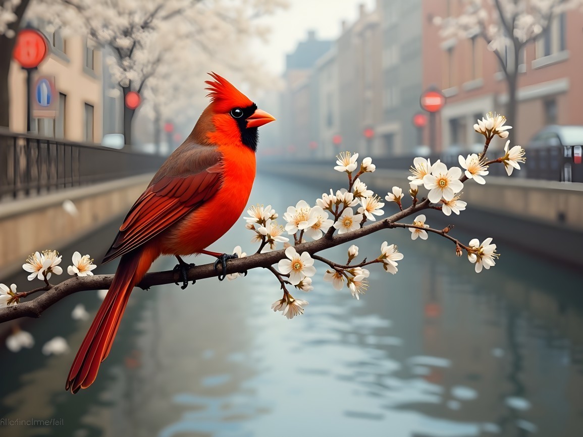 Red Cardinal on Branch with White Blossoms and Canal
