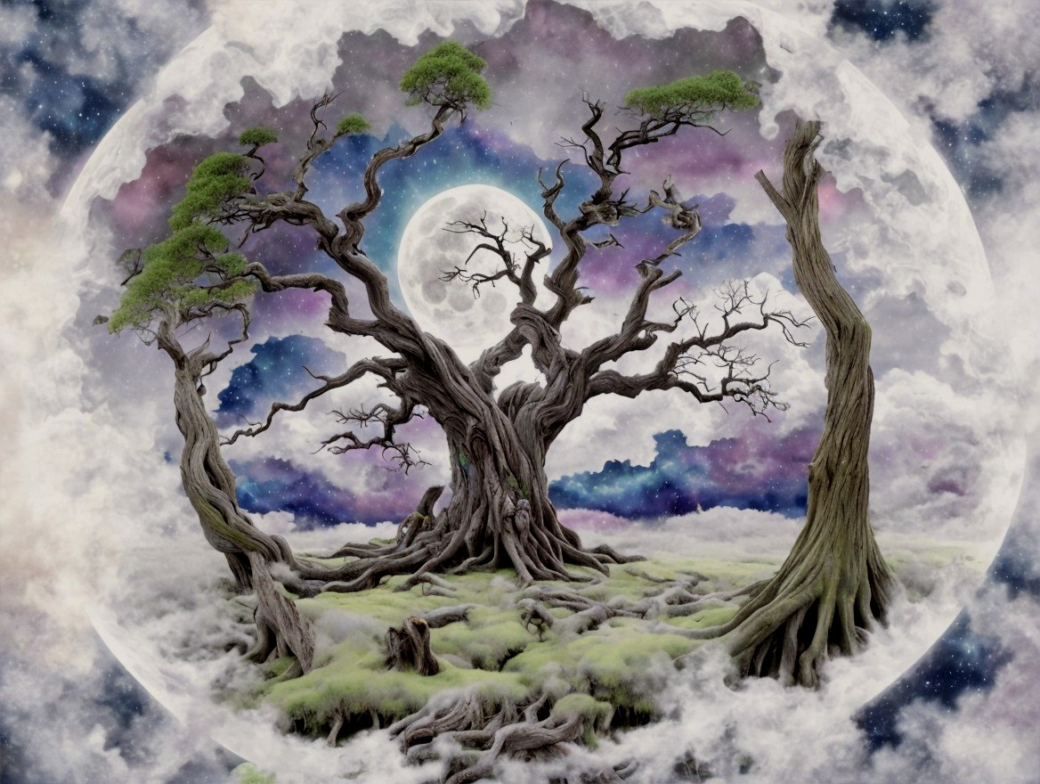 Ancient Tree Under Moonlight in Mystical Landscape