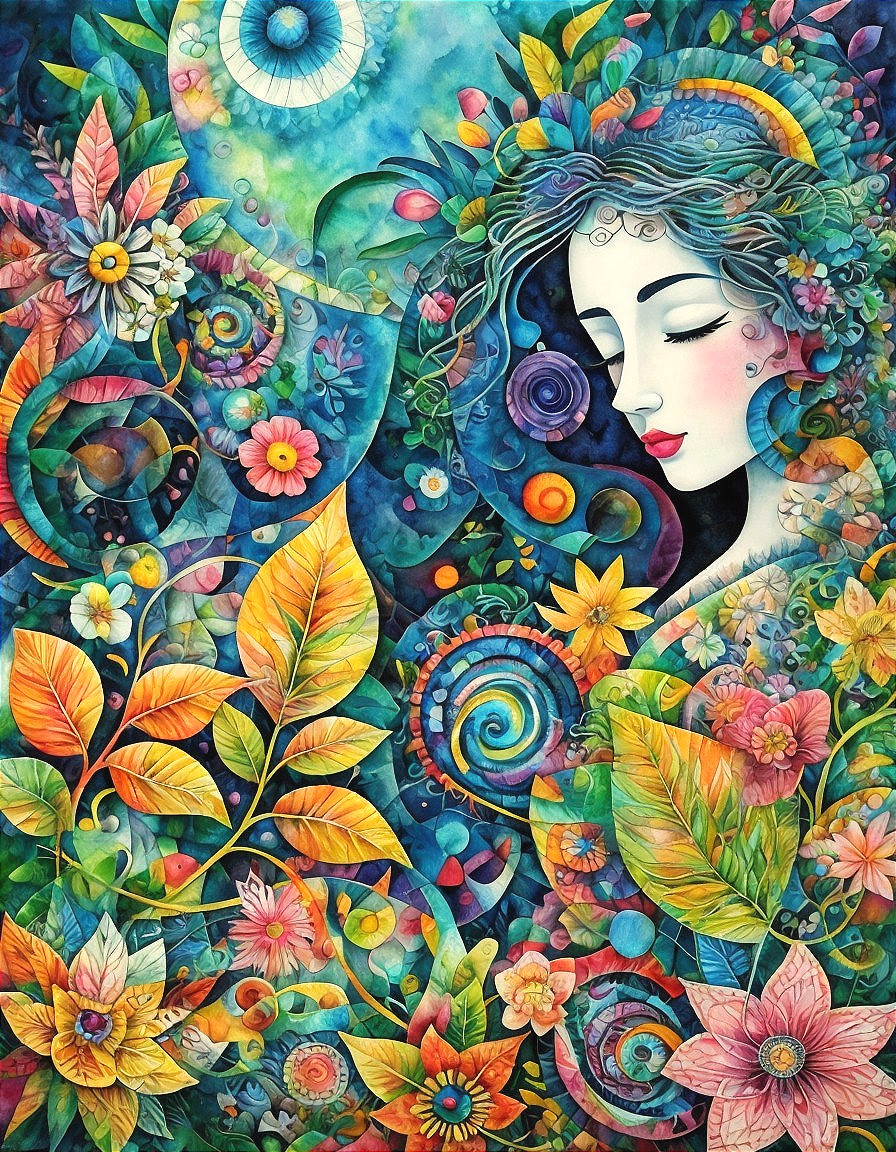 Vibrant Watercolor Painting of Woman with Flowers