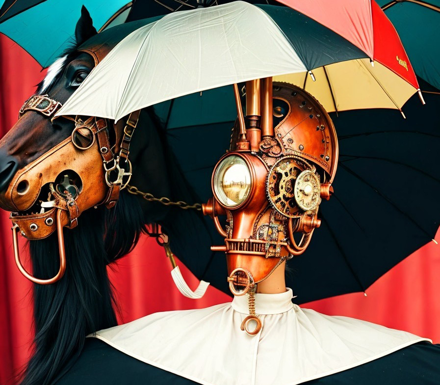Steampunk-style headgear with brass gears and pipes paired with horse mask under colorful umbrella backdrop