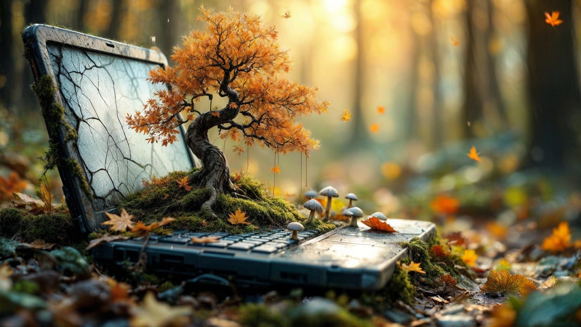Whimsical Laptop Scene with Moss and Autumn Leaves