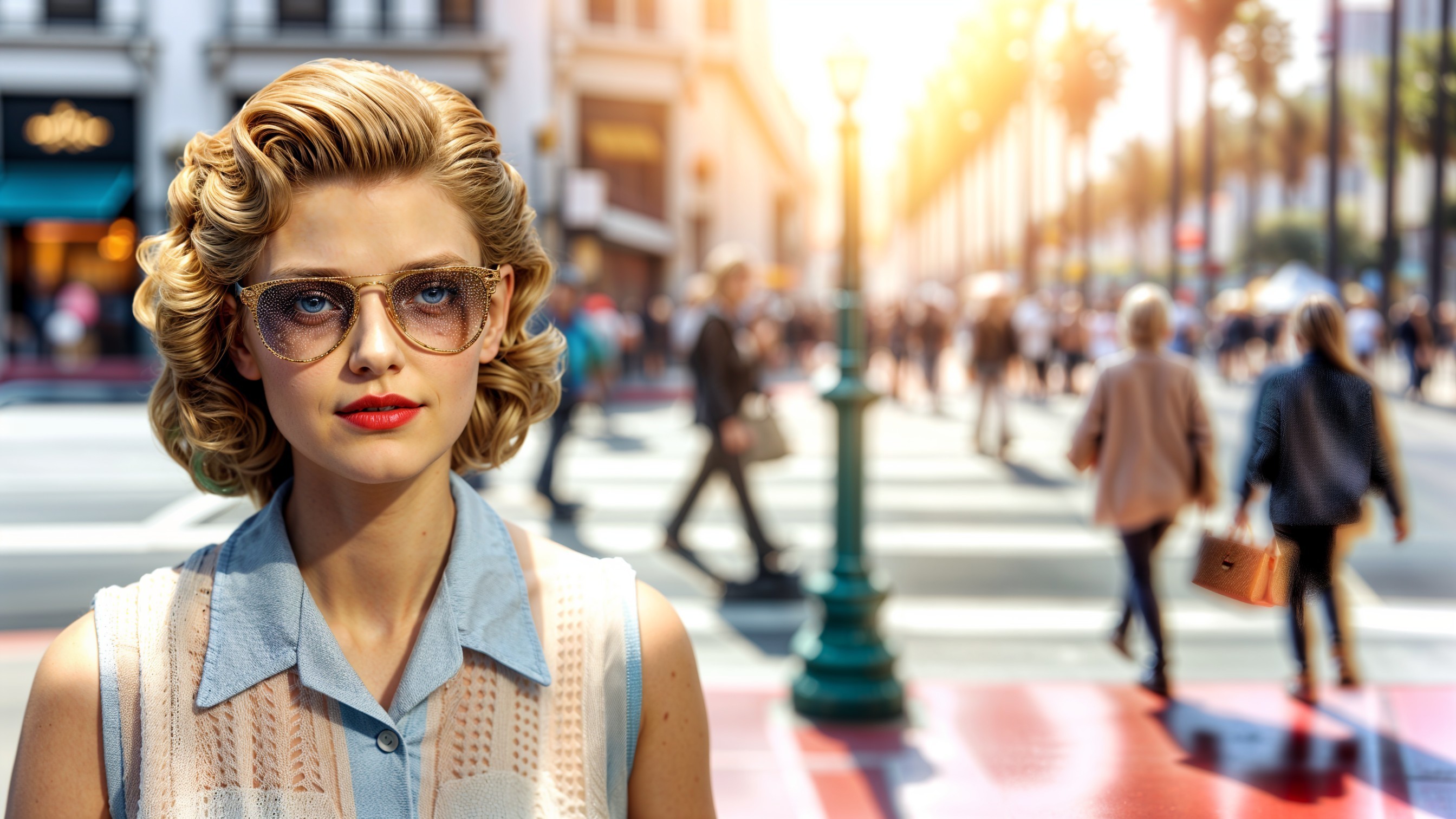 Retro Fashion in a Lively Urban Crosswalk Scene
