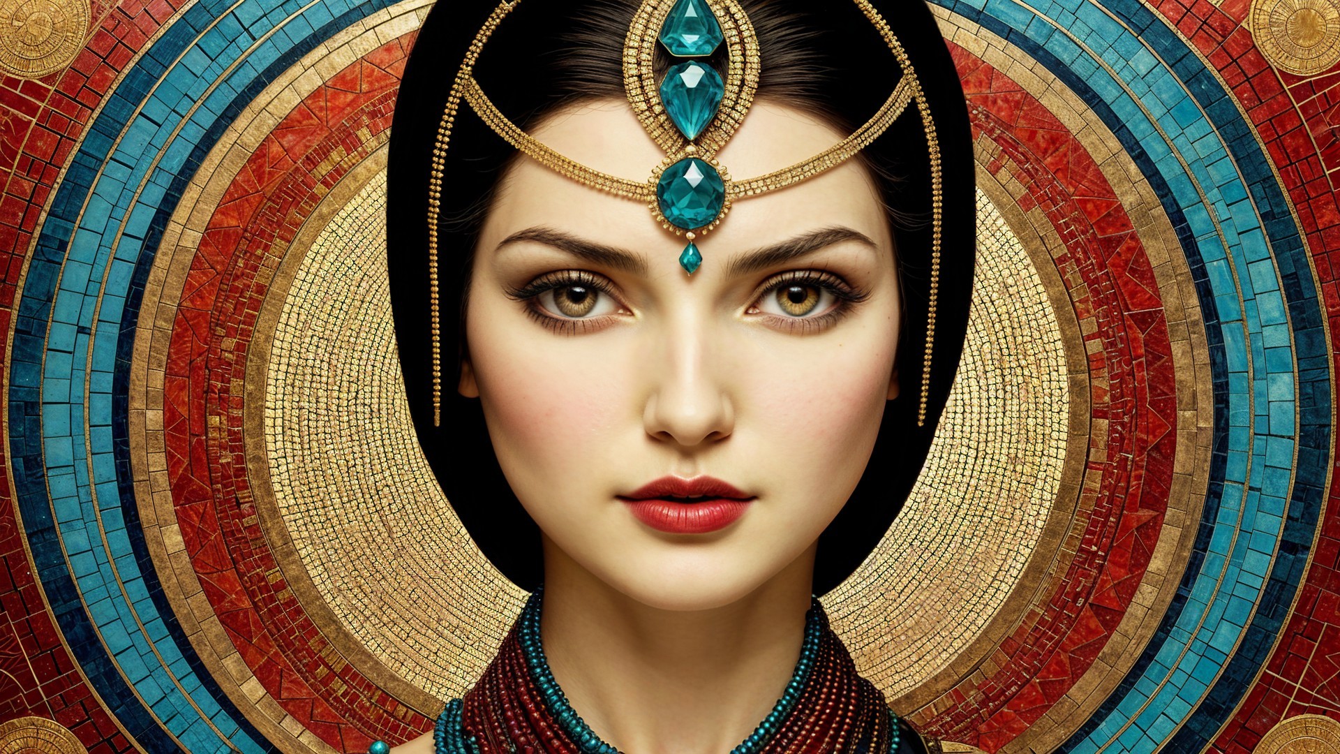 Portrait of a Woman with Mosaic Patterns and Vibrant Colors
