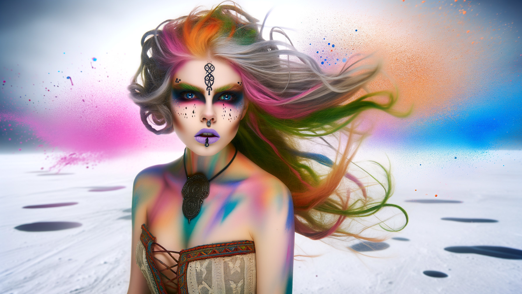 Surreal Figure with Colorful Hair and Intricate Makeup